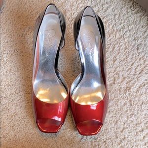 Jessica Simpson red and black open toe heels